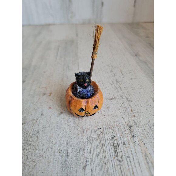 PS cat rustic miniature pumpkin broom Halloween figure decor vintage - Picture 2 of 7